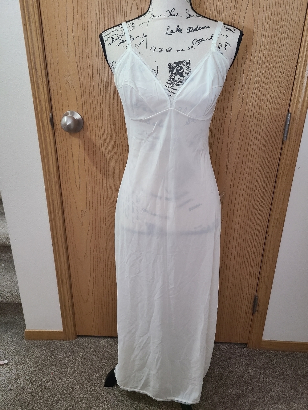 Lorraine Vintage Lace Trim Nylon Slit Full Length Slip Nightgown